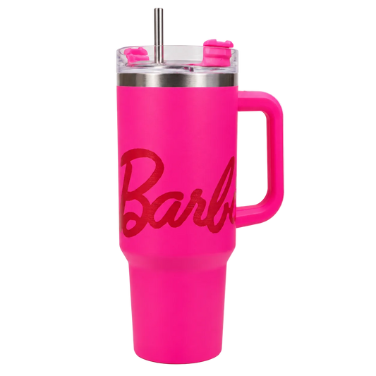 Pink Barbie travel mug with handle and straw, featuring bold logo design for on-the-go drinks