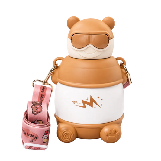 Cute bear-shaped kids water bottle with pink strap, perfect for school or travel