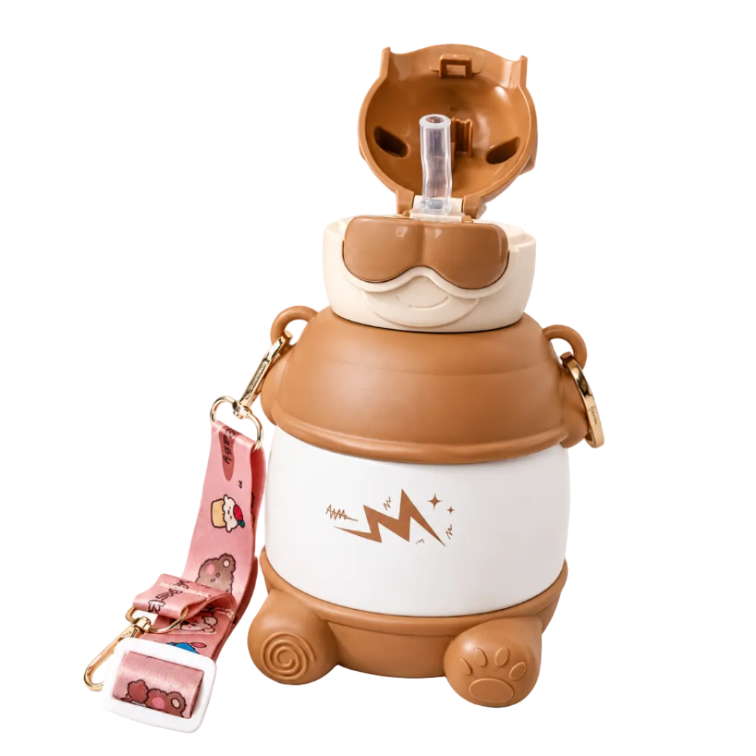 Cute bear-shaped kids water bottle with straw lid, paw feet, and pink character strap for school or travel