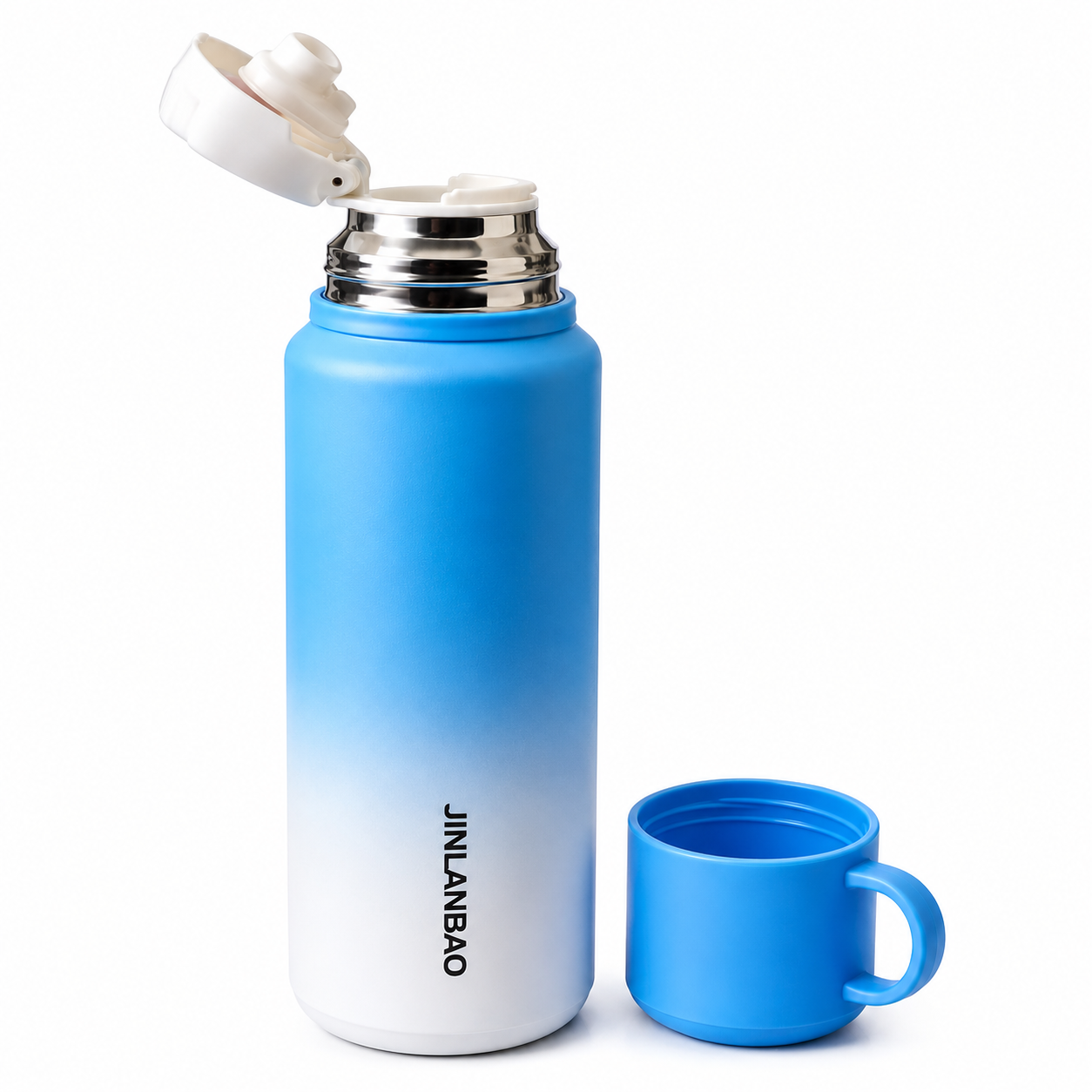 Blue gradient stainless steel water bottle with open lid and matching cup, ideal for hydration on the go.