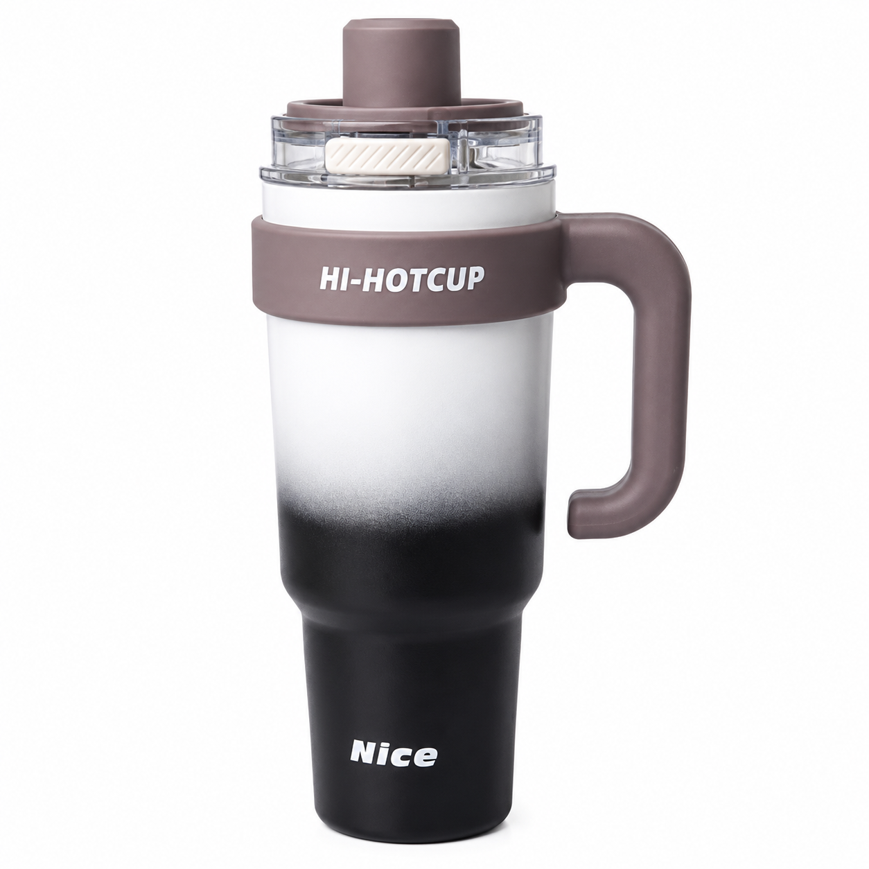 HI-HOTCUP travel mug with handle, gradient black to white design, 'Nice' logo, spill-proof lid