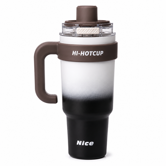 HI-HOTCUP travel mug with handle, gradient black to white design, and 'Nice' text on base