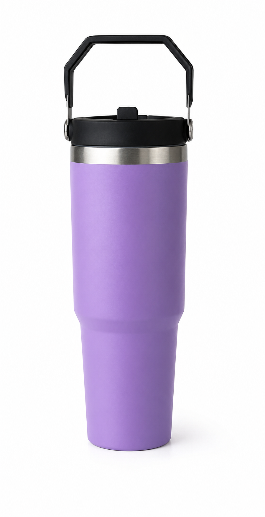 Purple insulated travel mug with black lid and handle, portable coffee tumbler for on-the-go use