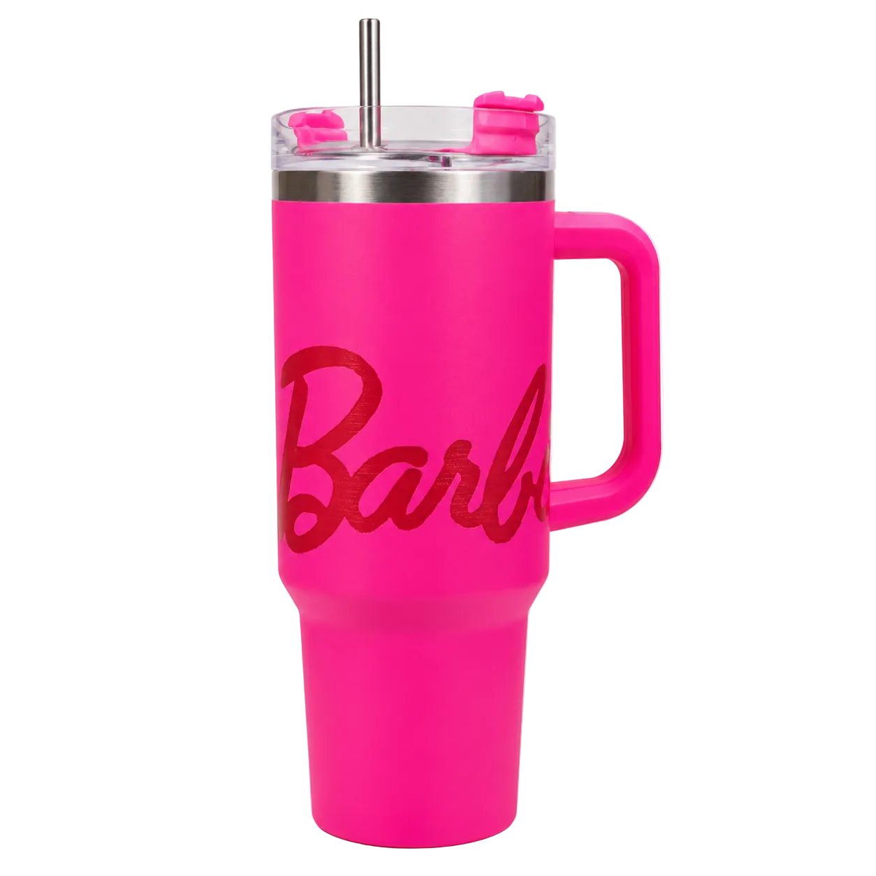Pink Barbie travel mug with handle and straw, featuring bold logo design for on-the-go drinks