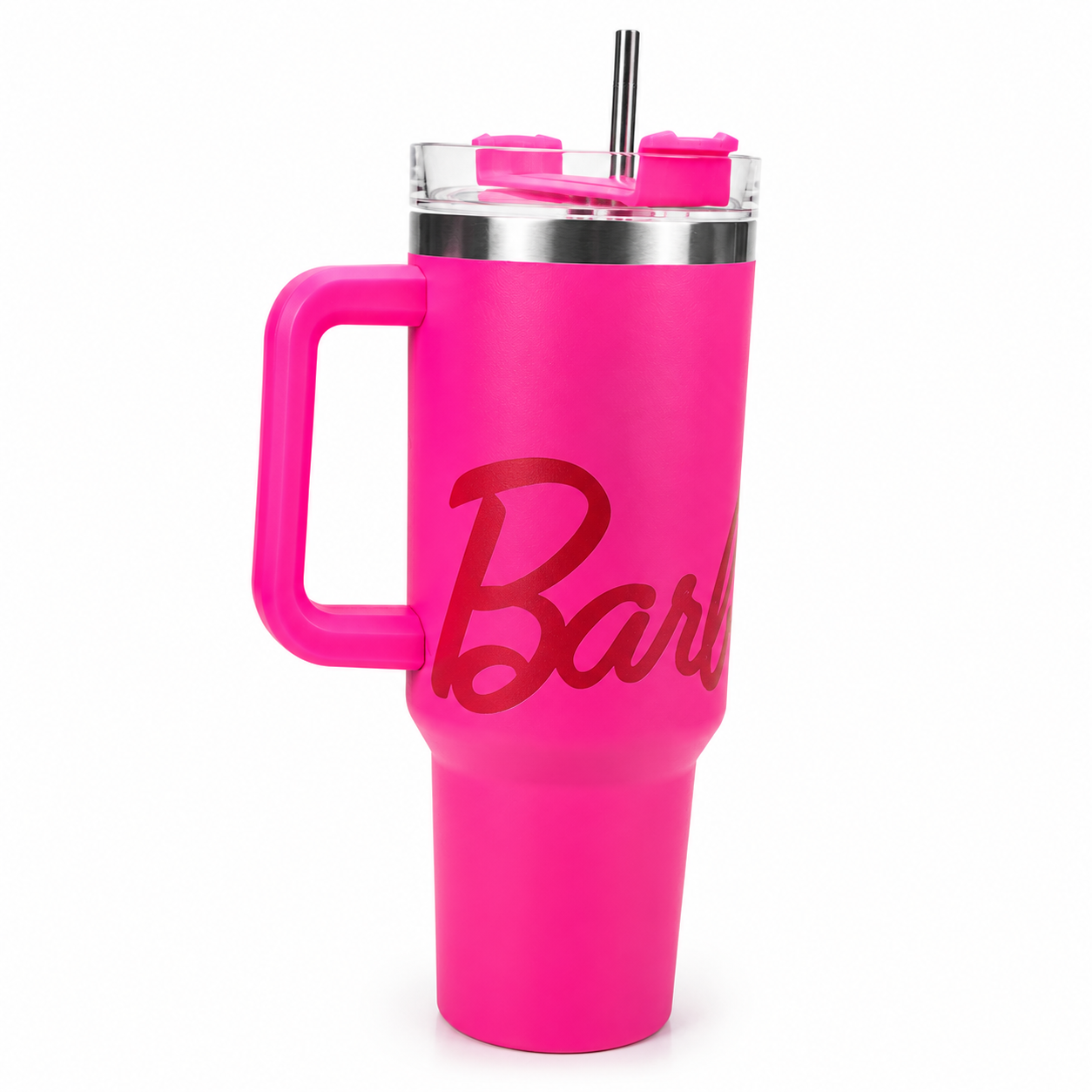Pink Barbie travel mug with handle and straw, insulated tumbler for hot or cold drinks