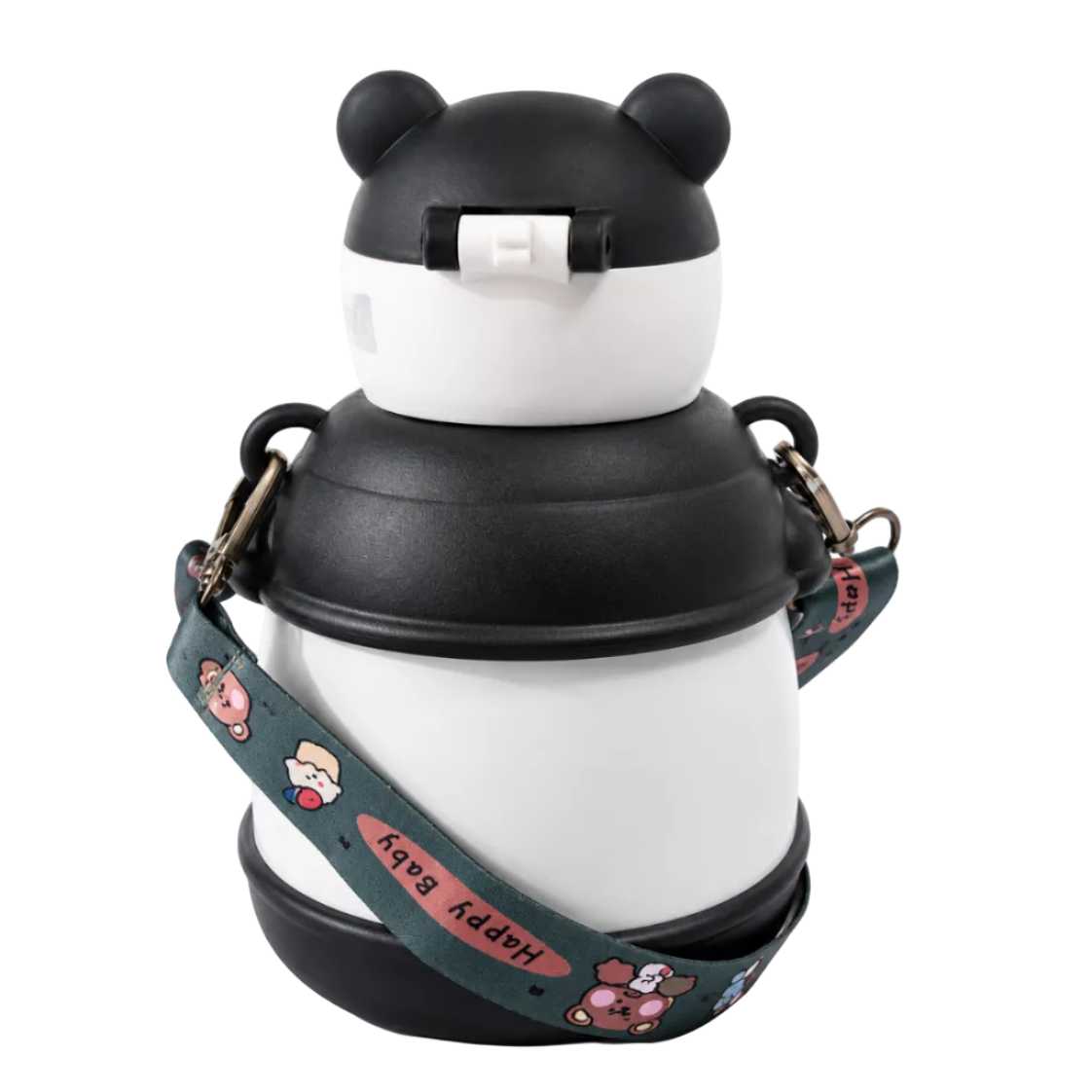 Panda-themed kids water bottle with cute strap, perfect for school or travel