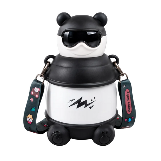 Cute panda-themed kids water bottle with sunglasses, wheels, and adjustable strap for easy carry