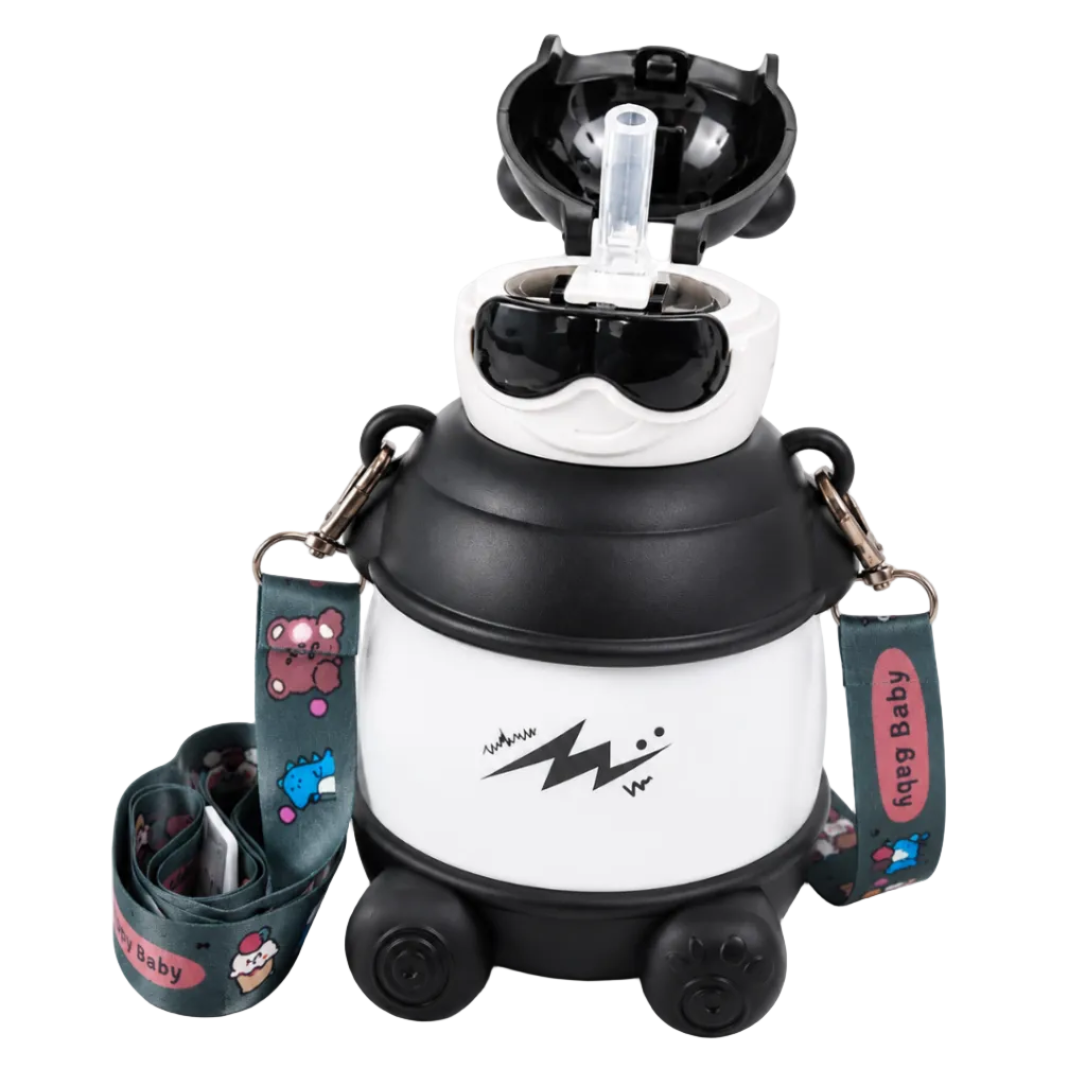 Cute panda-themed kids water bottle with straw, wheels, and adjustable strap for easy carry
