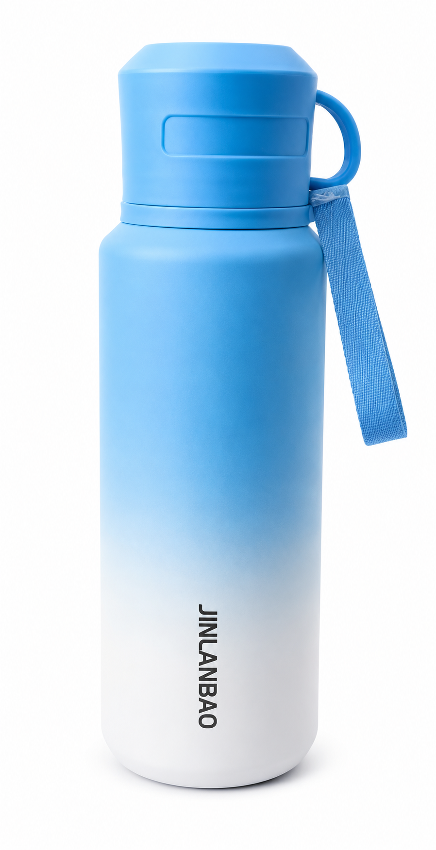 Blue to white gradient water bottle with JINLANBAO logo, portable design with carrying strap
