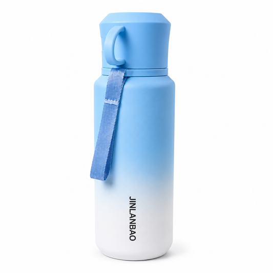 Light blue to white gradient insulated water bottle with carry strap and JINLANBAO branding