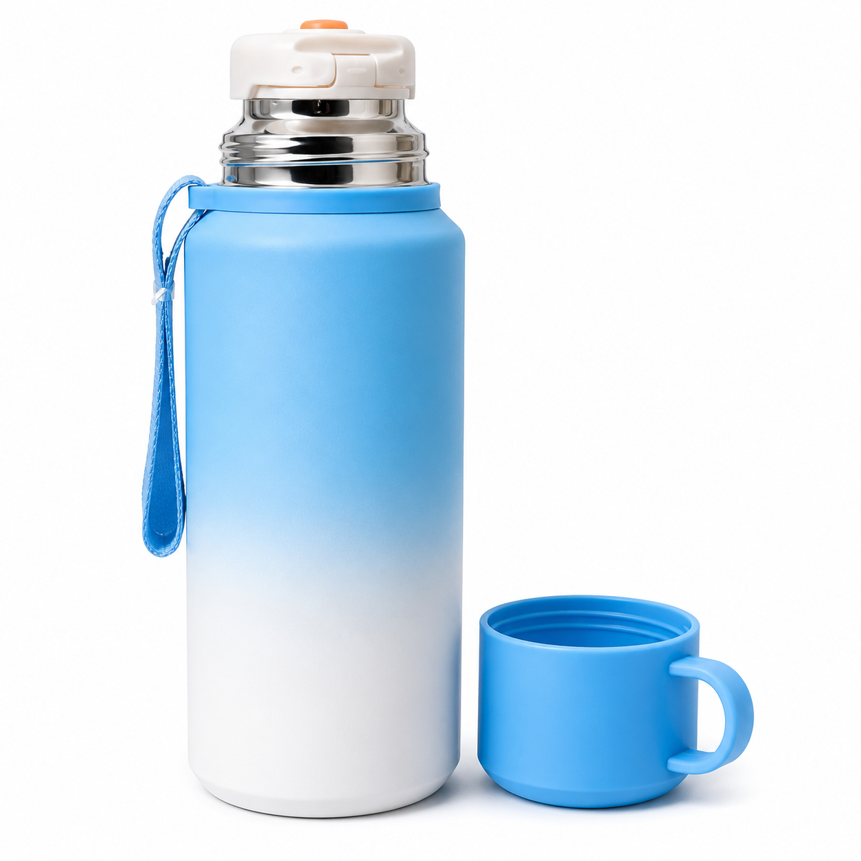 Blue gradient stainless steel water bottle with matching cup and carry strap for hydration on the go