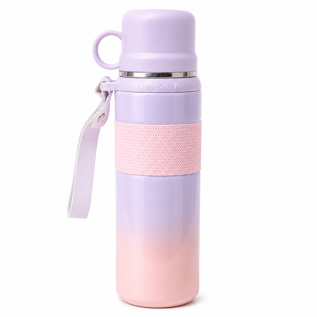 Lavender to pink gradient insulated water bottle with silicone grip and carry strap