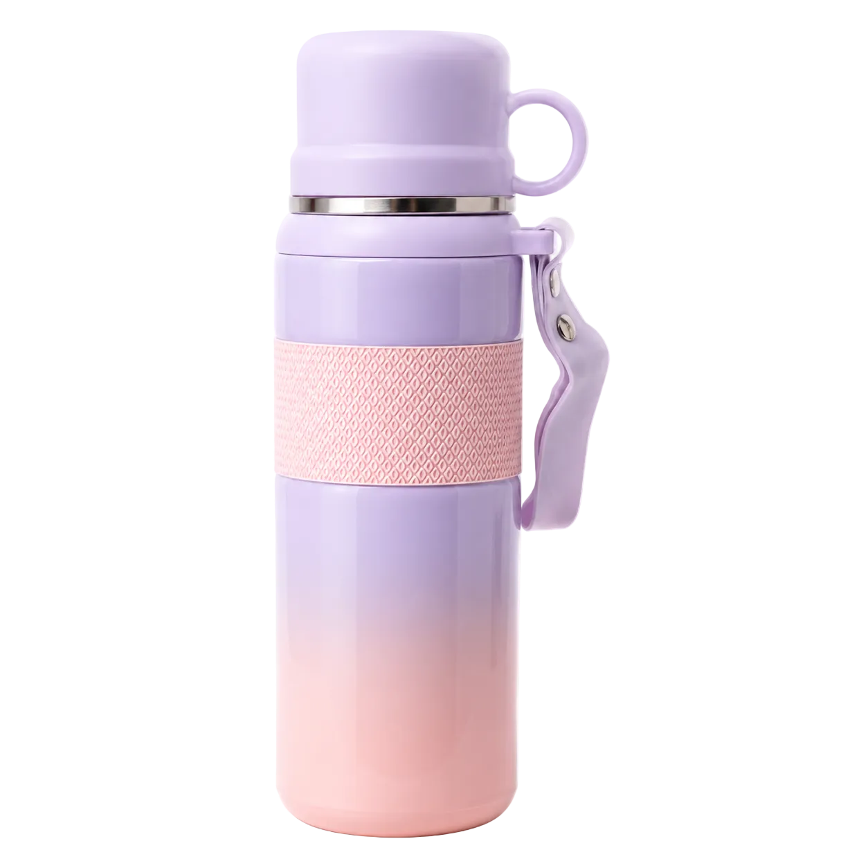 Lavender to pink gradient travel mug with textured grip and handle, ideal for on-the-go hydration.