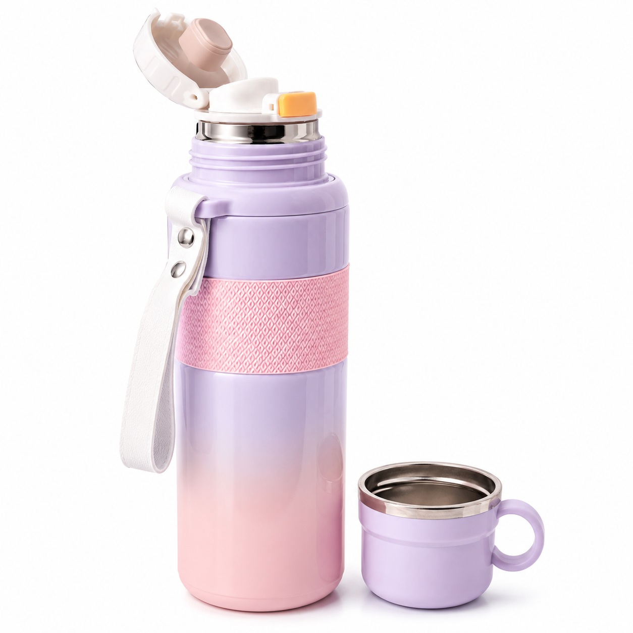 Lavender pink gradient insulated water bottle with cup and strap, portable travel design