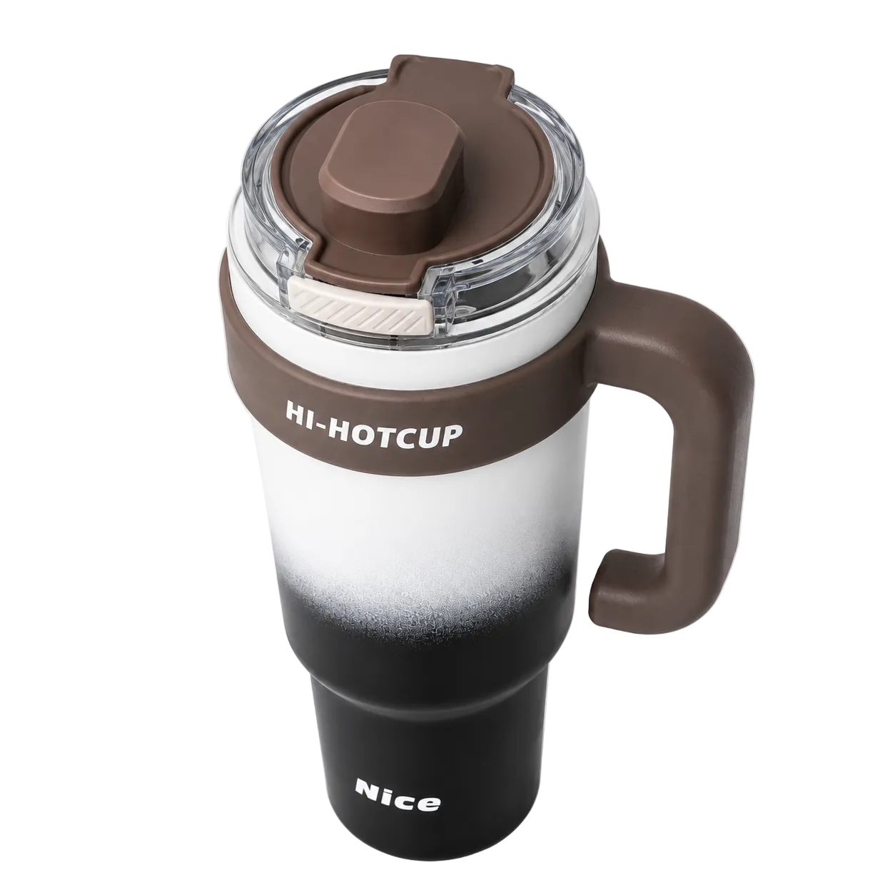 HI-HOTCUP insulated travel mug with handle, spill-proof lid, and gradient design for hot beverages