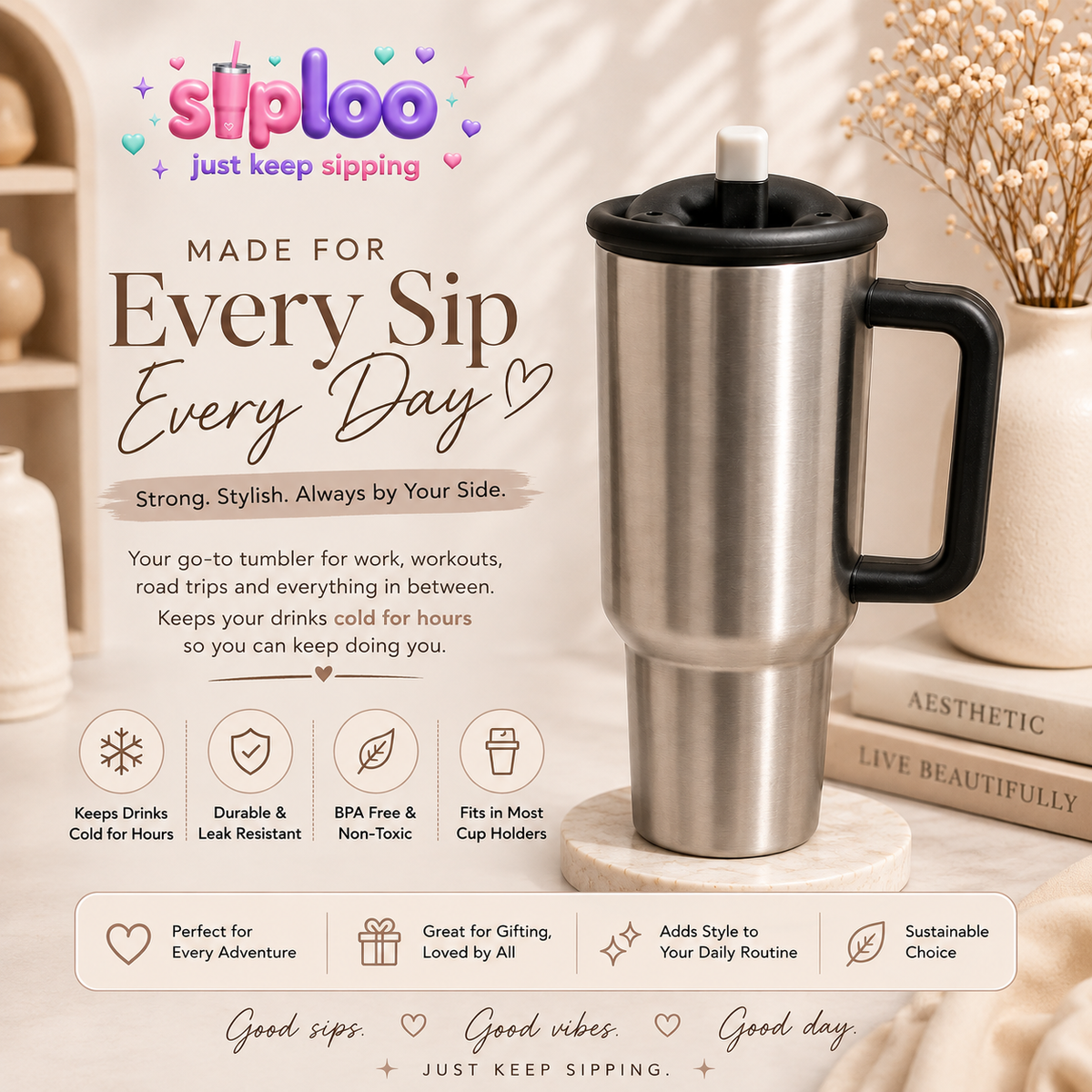 Stanley Quencher ProTour Flip Straw 40oz — Stainless Steel 🖤