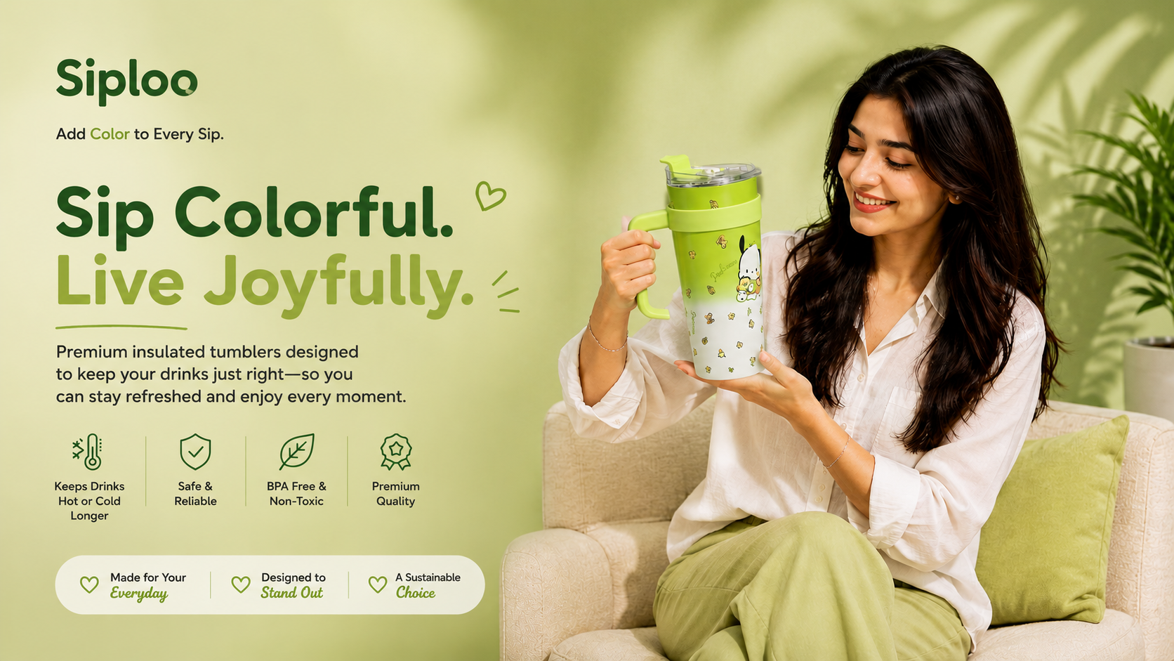 Woman holding green insulated tumbler with cute character design, enjoying a joyful sip at home