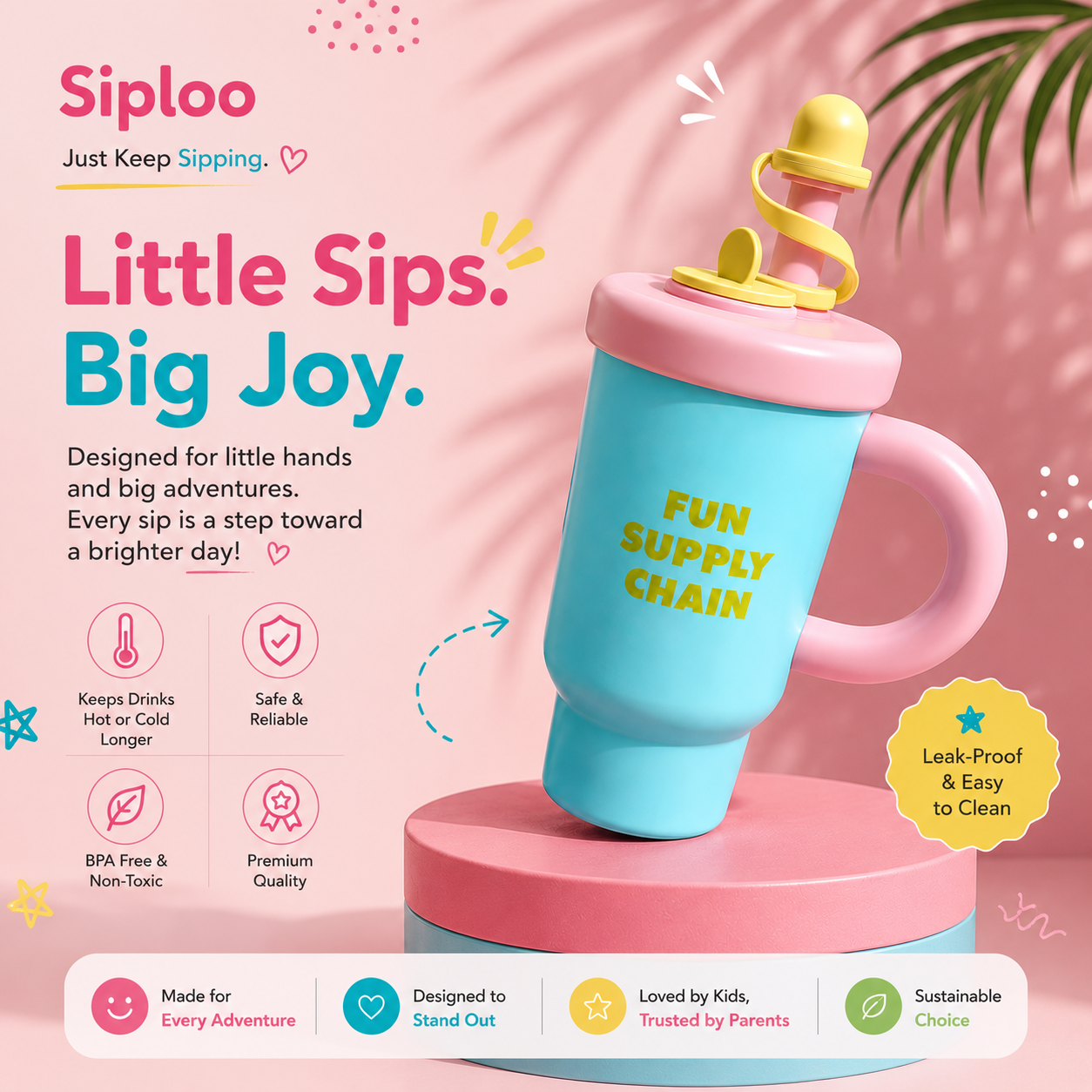 Pink and blue kids sippy cup with yellow lid, leak-proof design for little hands, fun supply chain text