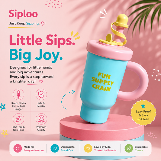 Pink and blue kids sippy cup with yellow lid, leak-proof design for little hands, fun supply chain text