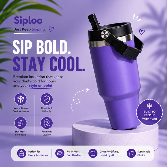 Purple insulated tumbler with straw lid, keeps drinks cold for hours, BPA-free, fits cup holders, great for gifting