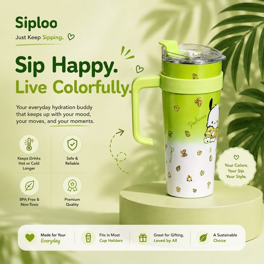 Green and white Pochacco travel mug with handle, lid, and cute character print, perfect for on-the-go sipping.