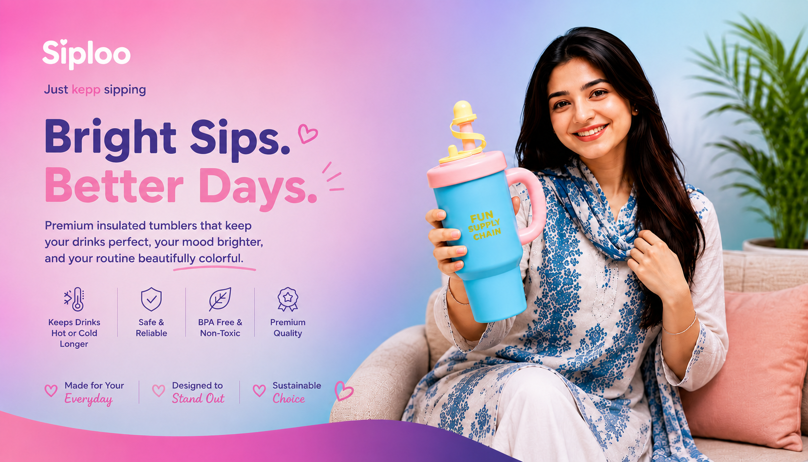 Woman holding colorful insulated tumbler with fun straw, smiling on couch