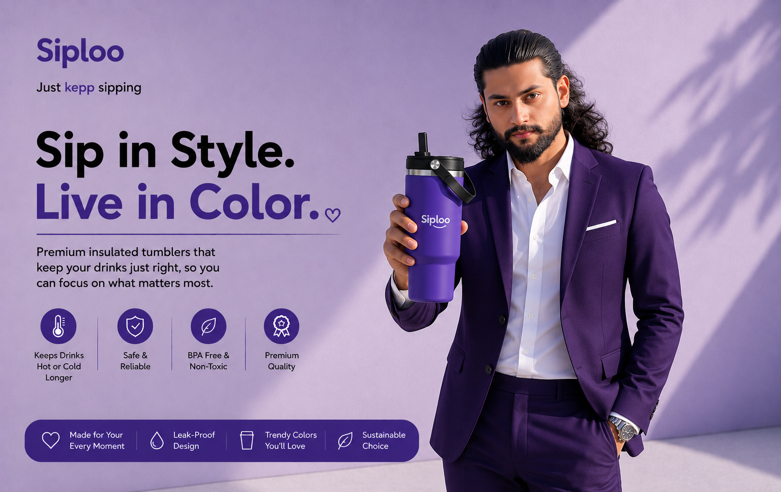 Man in purple suit holding Siploo insulated tumbler, stylish drinkware for hot or cold beverages
