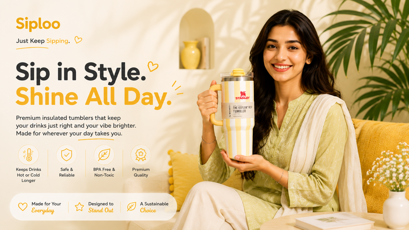 Woman holding Stanley IceFlow 2.0 insulated tumbler, sipping in style with yellow and white stripes