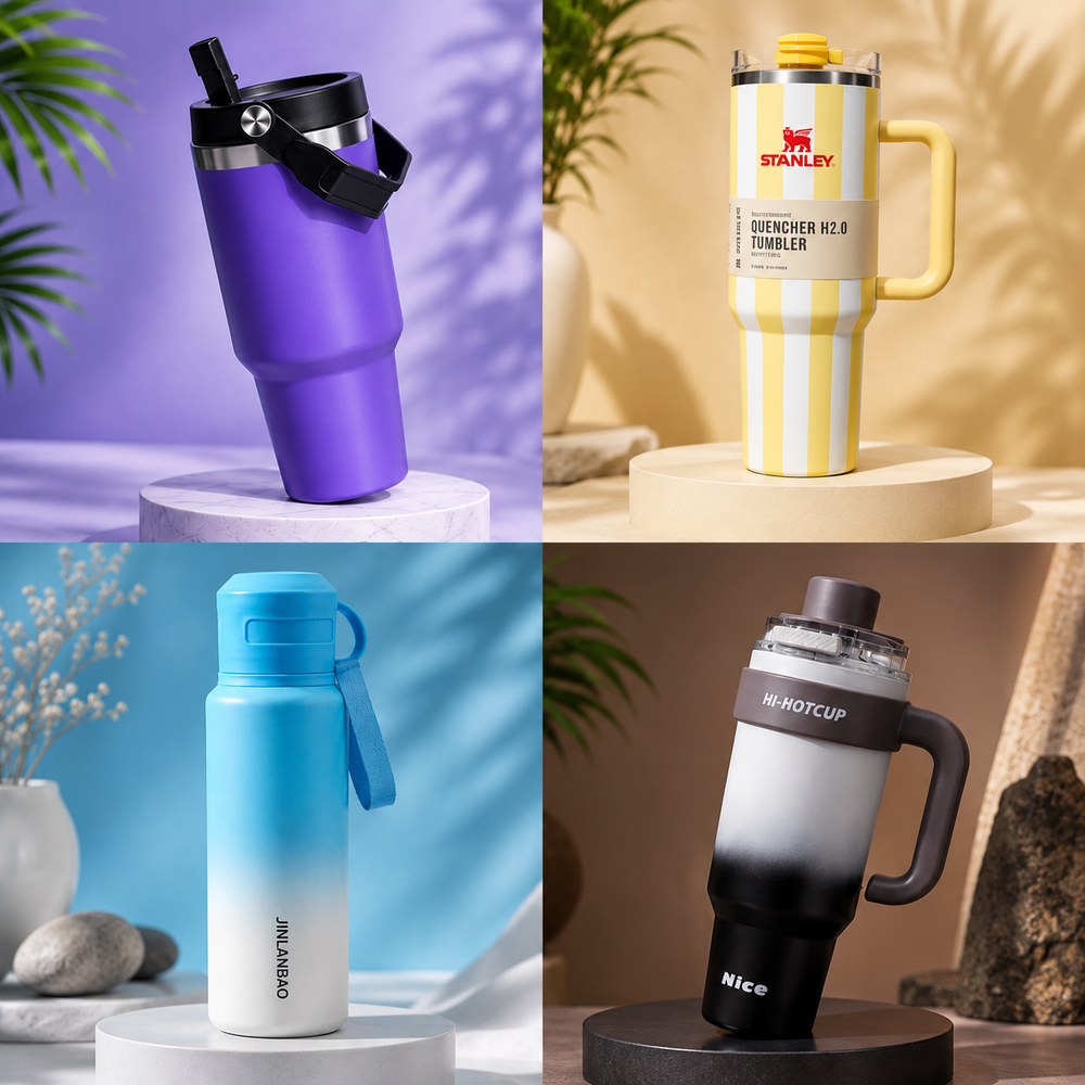 Assorted insulated tumblers and travel mugs in vibrant colors, featuring leak-proof lids and ergonomic handles for on-the-go use.