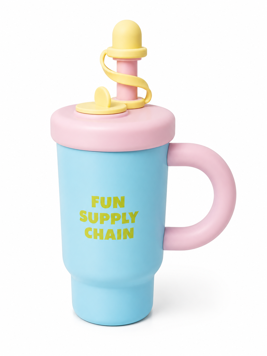 Pastel blue kids sippy cup with pink handle and yellow lid, printed with 'FUN SUPPLY CHAIN'