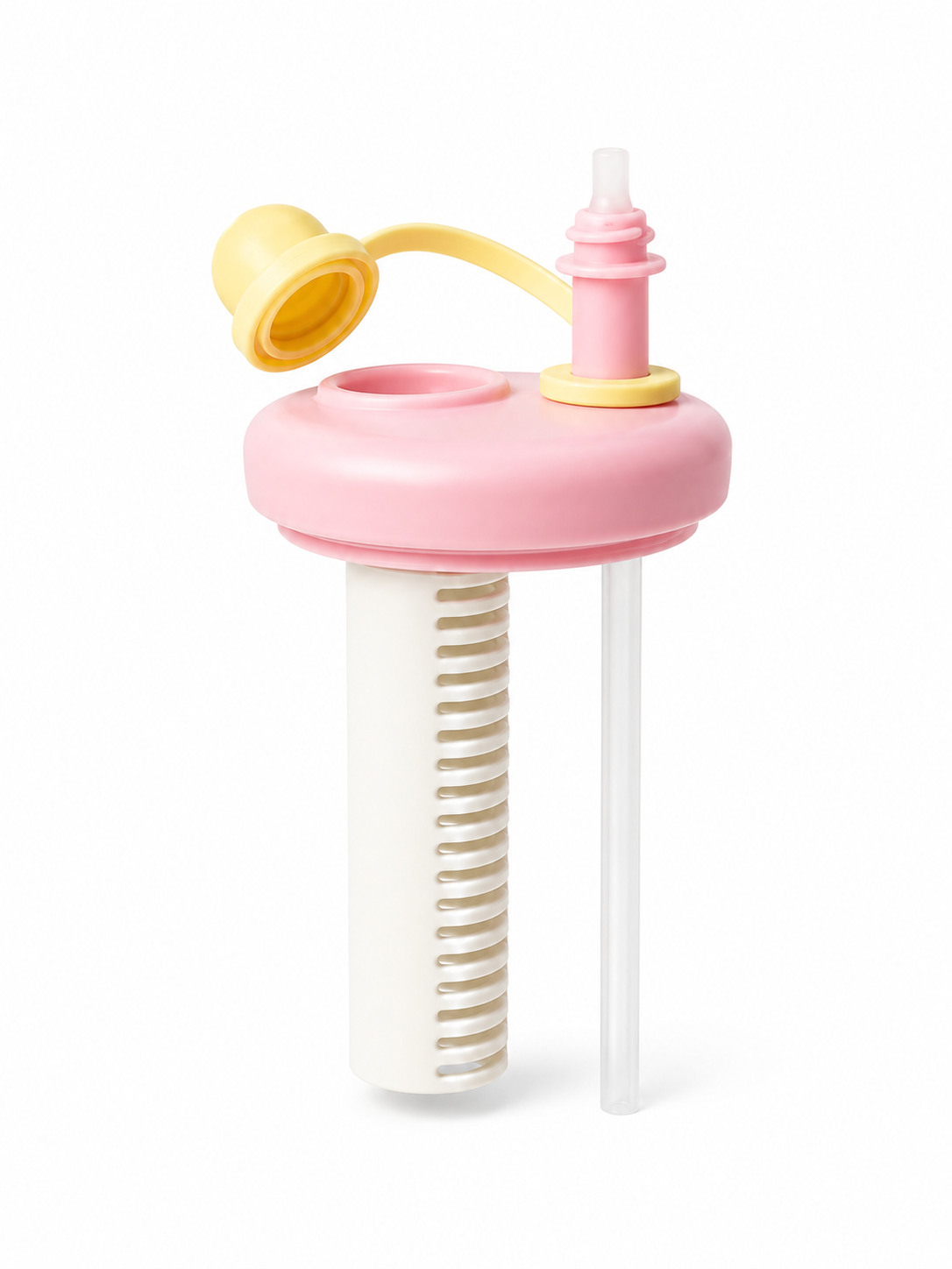 Pink and yellow kids' water bottle lid with straw and flip cap, featuring a white filter base