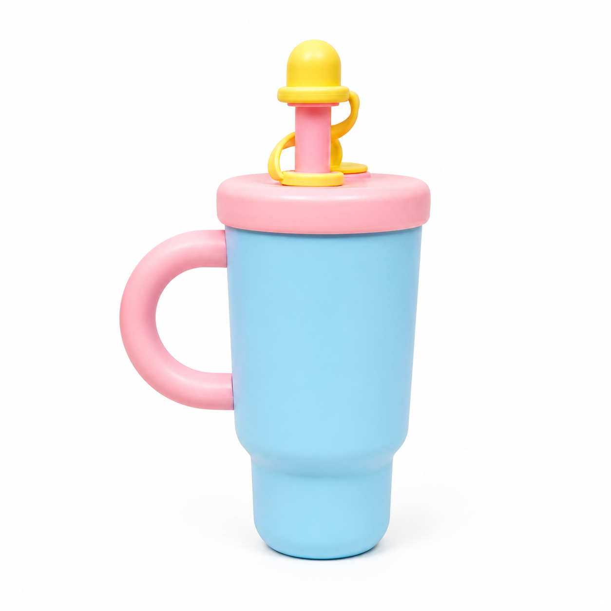 Pastel blue kids sippy cup with pink handle and yellow lid, spill-proof design for toddlers