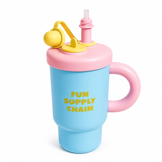 Blue kids sippy cup with pink lid and handle, yellow 'FUN SUPPLY CHAIN' text, straw and cap