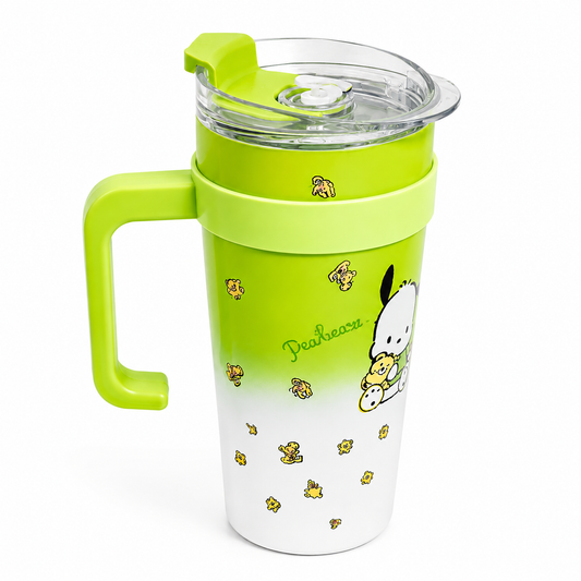 Green and white travel mug with Pochacco character and bear print, featuring handle and clear lid