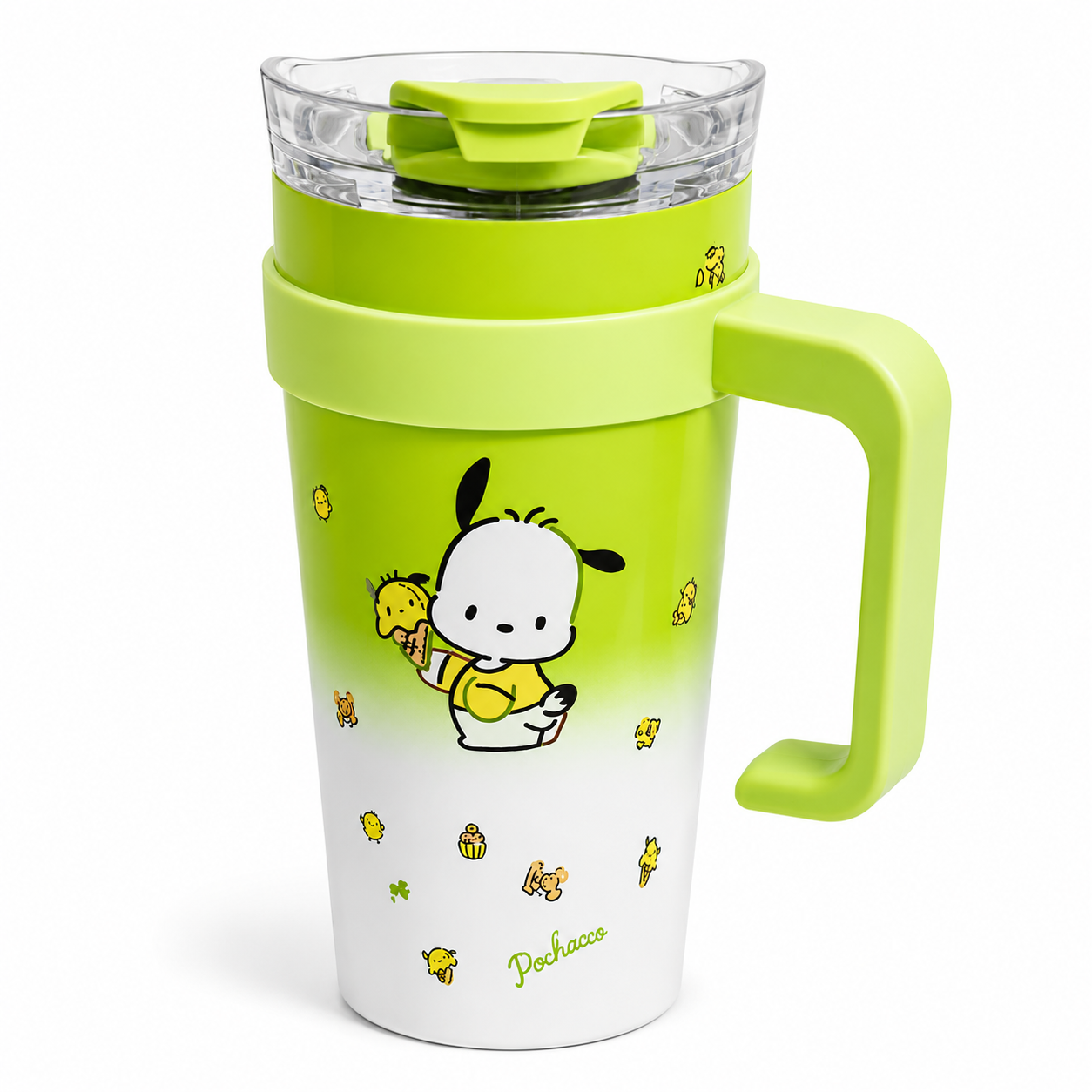 Pochacco travel mug with green gradient, cute character design, and spill-proof lid for on-the-go drinks