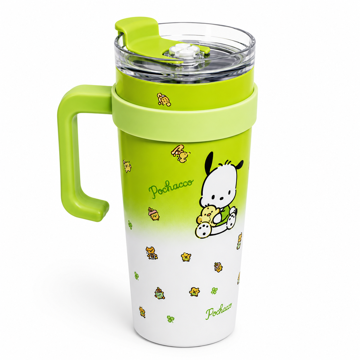 Green and white Pochacco travel mug with cute character design and handle, perfect for on-the-go drinks