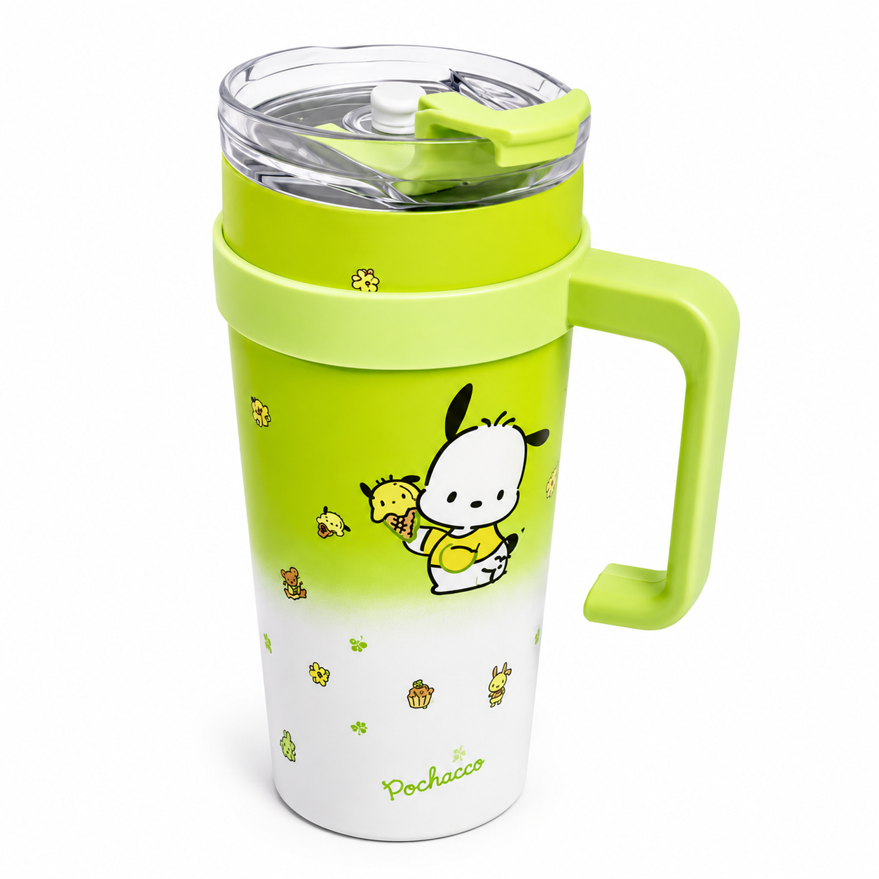Green and white Pochacco travel mug with handle, featuring cute character design and floral patterns