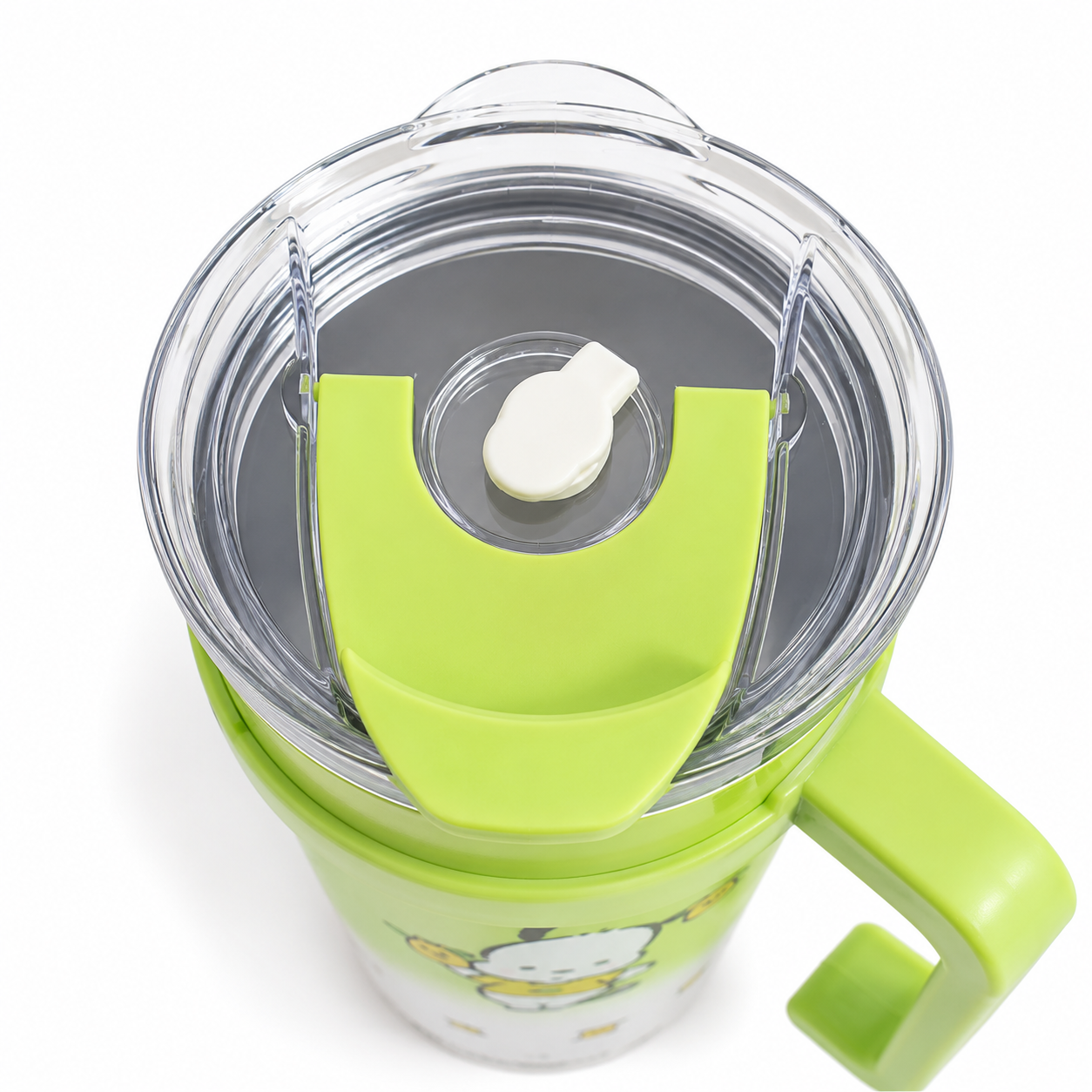 Green kids sippy cup with clear lid, spill-proof spout, and cartoon character design for toddlers