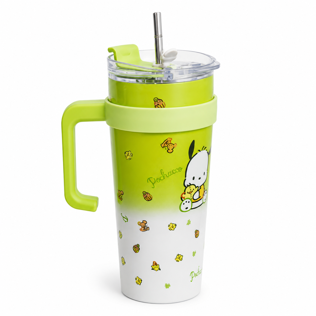 Green and white Pochacco travel mug with handle, straw, and cute character design for kids and fans