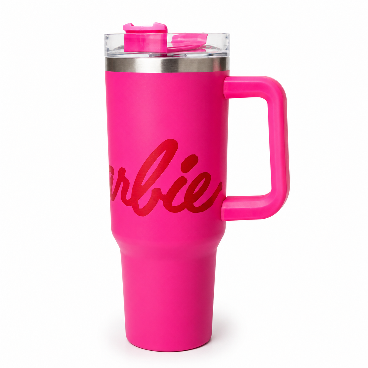 Bright pink Barbie travel mug with handle and lid, perfect for on-the-go drinks