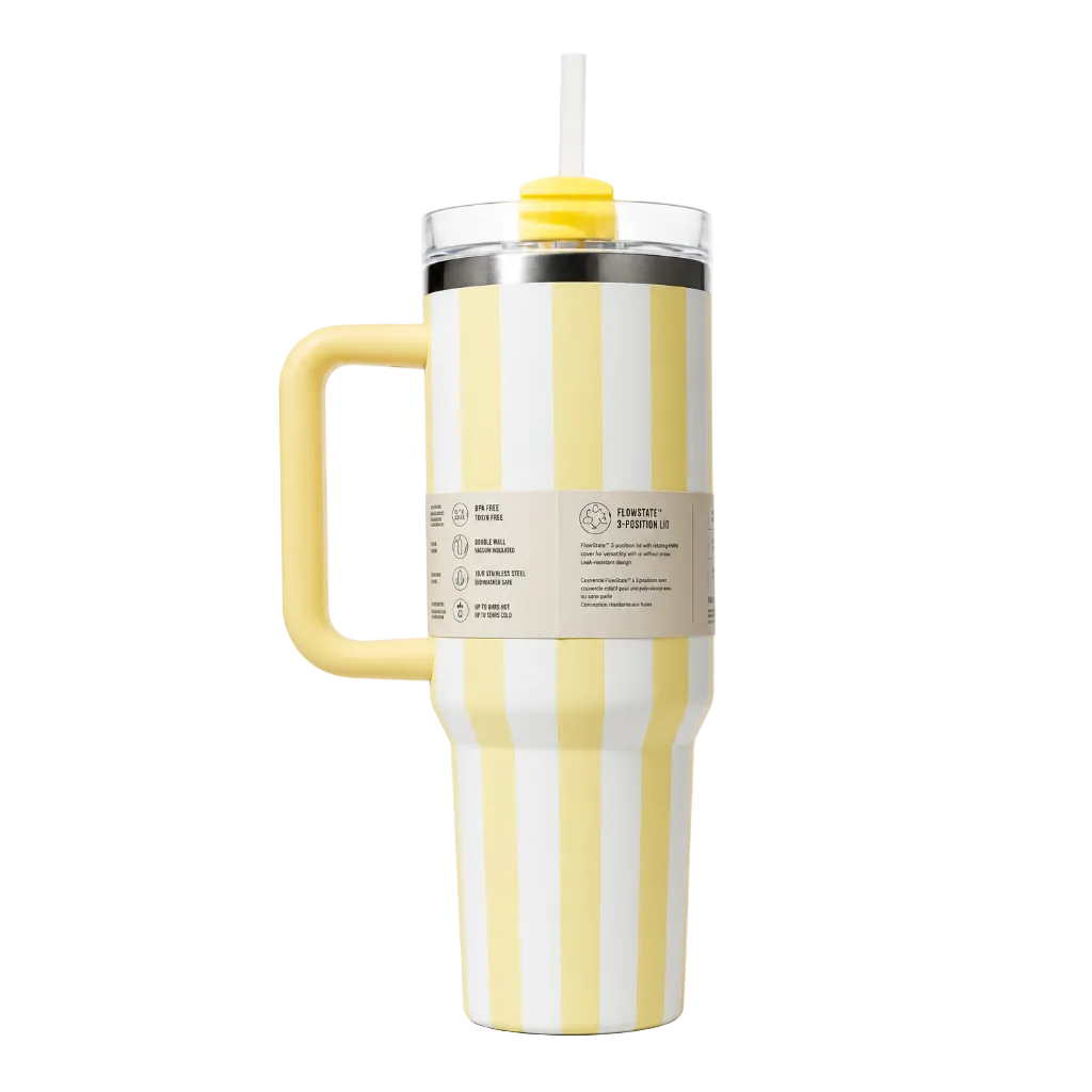Yellow and white striped insulated tumbler with handle and straw, BPA-free, vacuum-sealed for hot or cold drinks