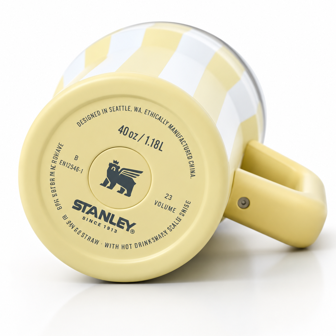 Stanley 40 oz yellow and white striped tumbler with lid, designed in Seattle, 1.18L capacity