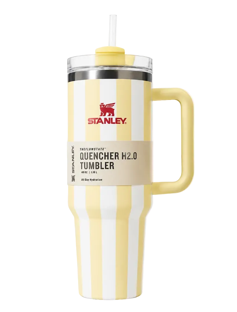Stanley Quencher H2.0 Tumbler 40 oz with straw, yellow and white stripes, all-day hydration