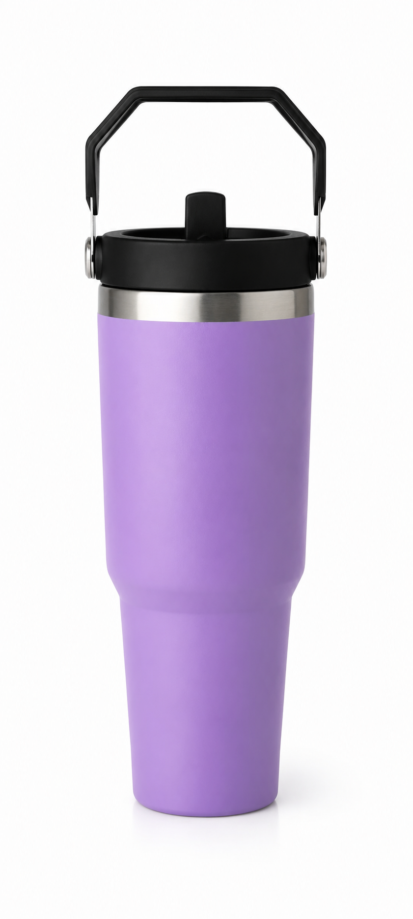 Purple insulated travel mug with black lid and handle, ideal for coffee on the go