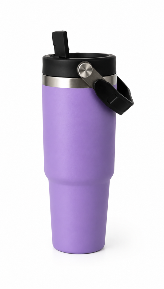 Purple insulated travel mug with black lid and handle, ideal for coffee on the go