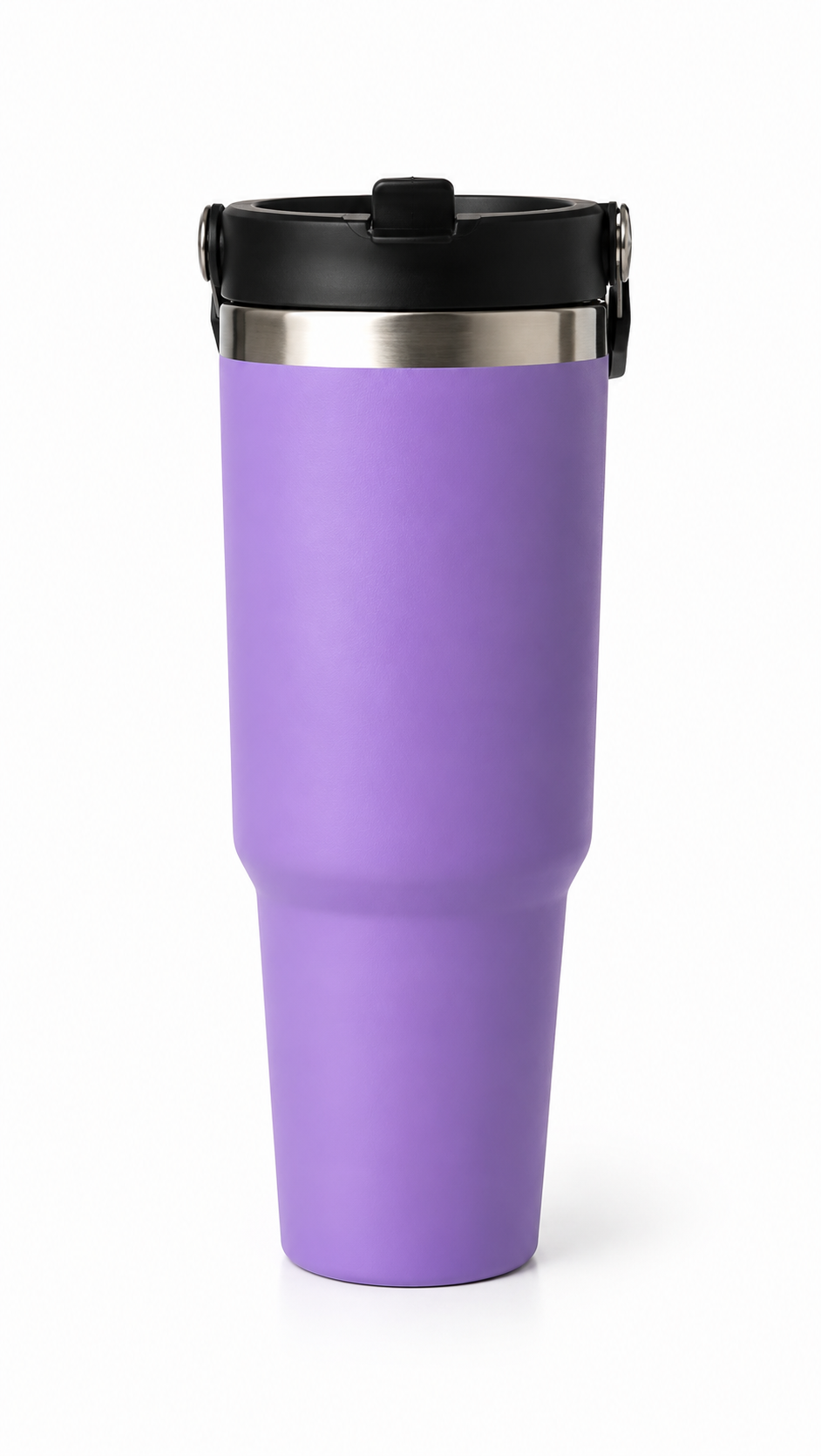 Purple insulated travel mug with black lid and stainless steel rim, ideal for coffee on the go
