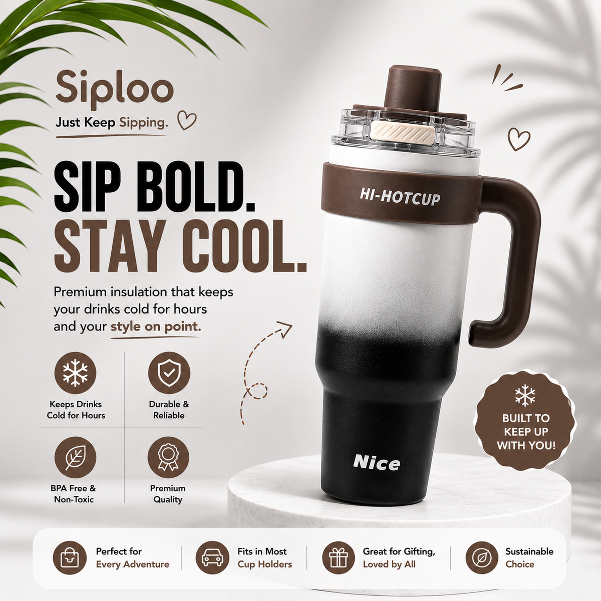 Siploo insulated travel mug with handle, keeps drinks cold for hours, BPA-free, fits cup holders