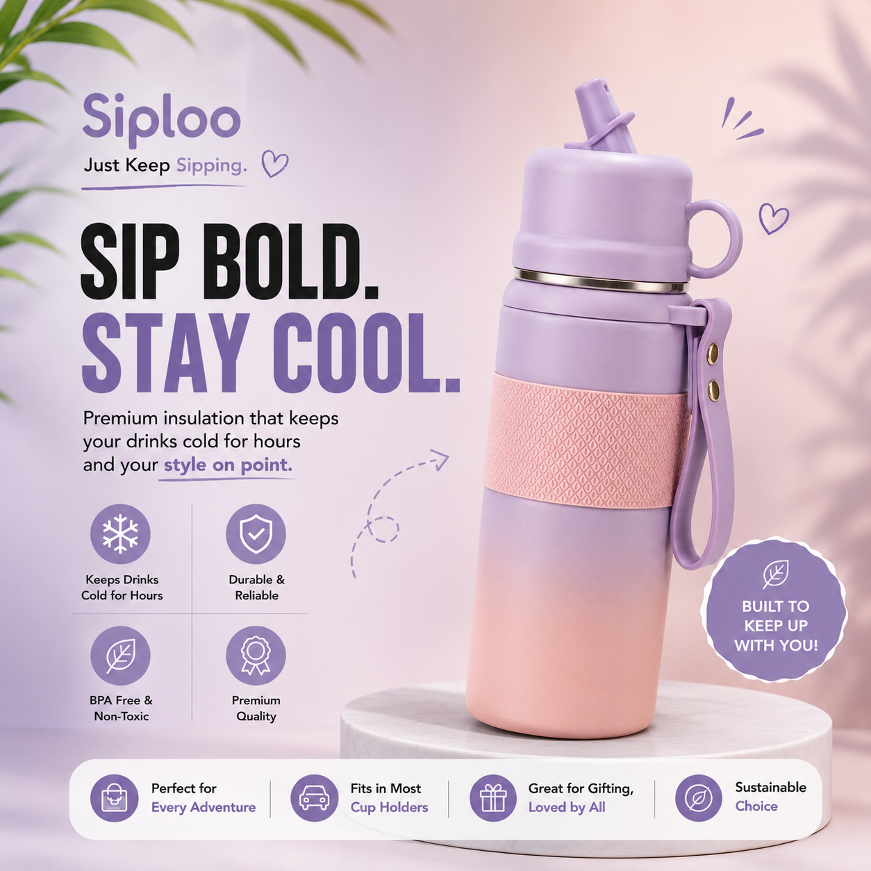 Purple and pink insulated water bottle with straw lid and carry strap, keeps drinks cold for hours