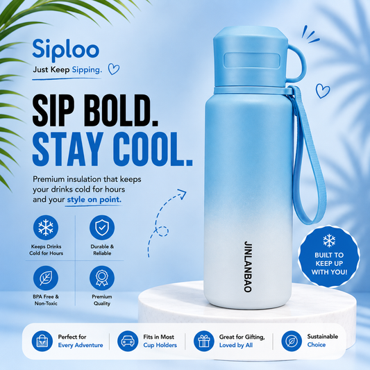 Light blue insulated water bottle with carry strap, keeps drinks cold for hours, BPA-free, fits cup holders