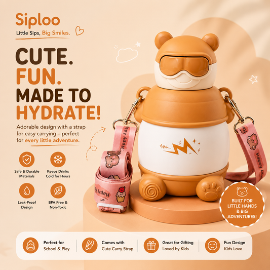 Cute bear-shaped kids water bottle with carry strap, leak-proof & BPA-free for school and play